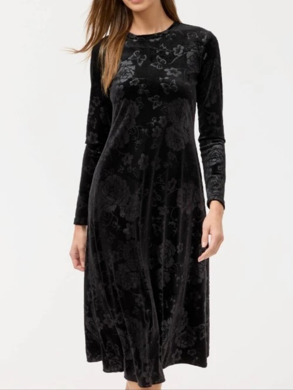Johnny Was NWT Embossed Stretch Velvet Black Floral Midi Dress Size Medium